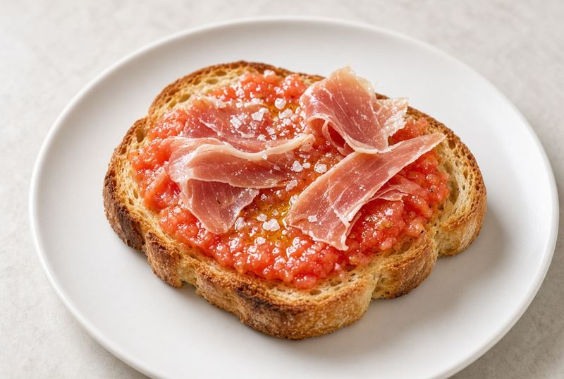 Desayuno: tosta Tomate, jamón y AOVE