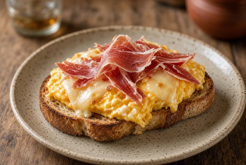 Desayuno: tosta Tortilla, queso y jamón
