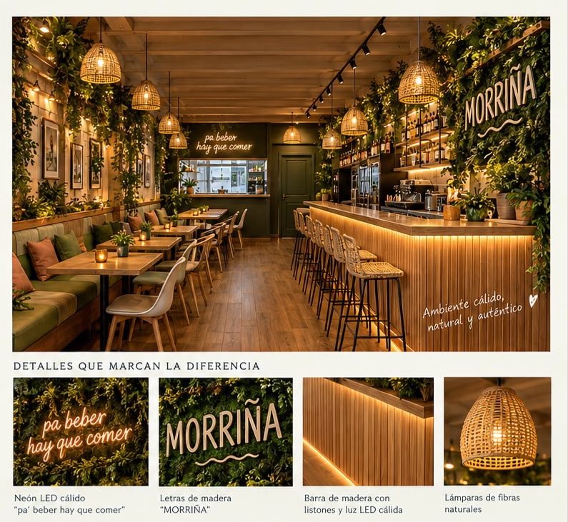 Interior de Morriña Cafetería: barra de madera con luz cálida, lámparas de fibras naturales, plantas y el neón «pa beber hay que comer»
