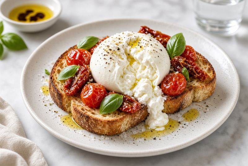 Tosta Burrata, tomate y albahaca