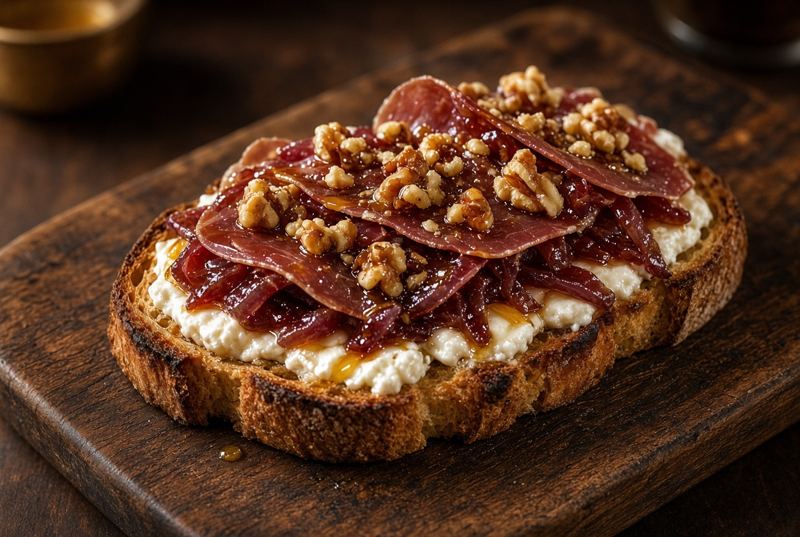 Tosta Cecina, cabra y cebolla