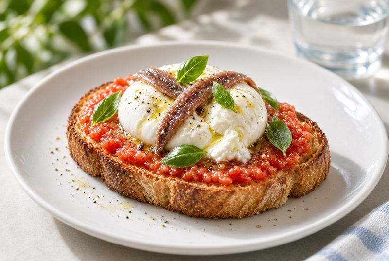 Tosta Anchoa, tomate y burrata